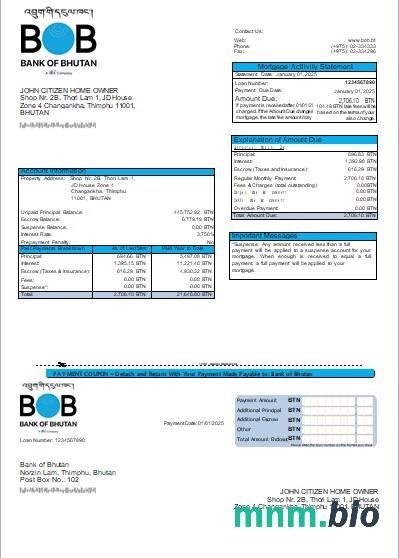Bhutan Bank of Bhutan wyciąg z kredytu hipotecznego szablon Word i PDF